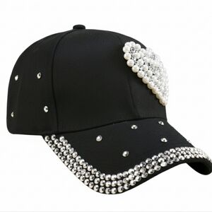 SALE Black Baseball Cap Beautiful Pearl Design Heart Rhinestone Trim